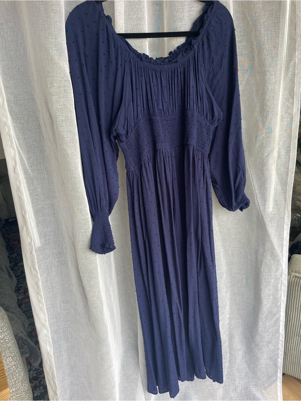 Navy Blue Off-Shoulder Maxi Dress | Swiss Dot | Smocked Waist | Balloon Sleeves